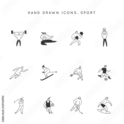 Men in different sports. Set of vector hand drawn icons. Active way of life.