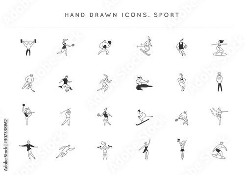 Set of vector hand drawn icons. People in different sports. Active way of life.