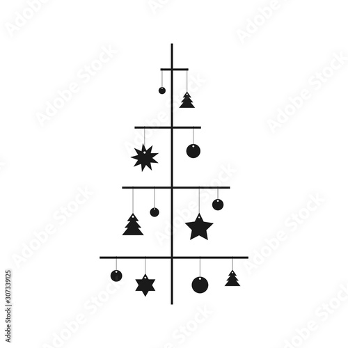 Illustration Christmas tree made of vertical and horizontal sticks and toys. New Year modern flat minimalistic design for badges, symbols or logos. Black on white.