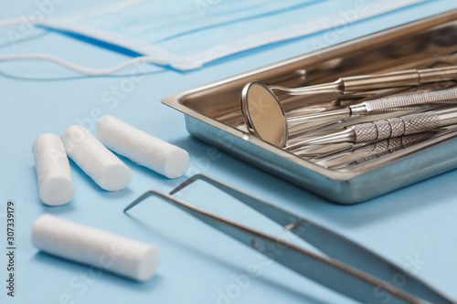 Set of metal dental instruments for teeth dental care