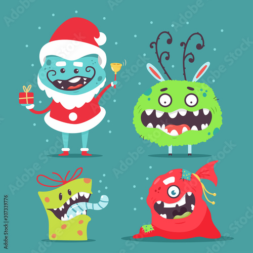 Cute Christmas monster vector cartoon characters set isolated on background.