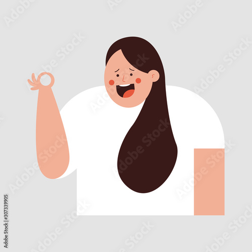 Happy girl showing symbol ok vector cartoon character isolated on background.