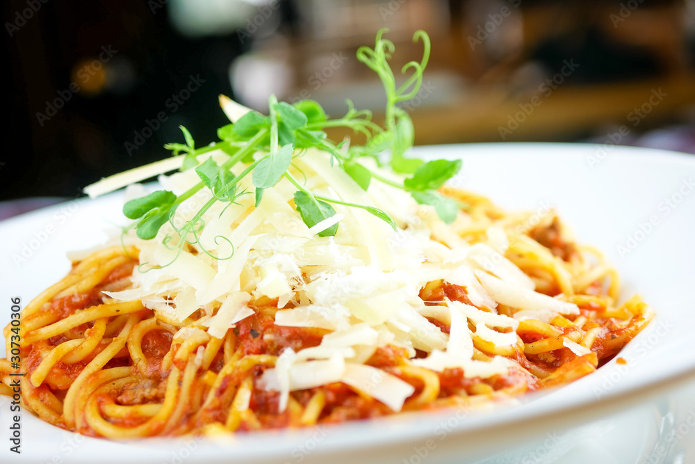 Pasta dish on a restaurant table Pasta dish on a restaurant table