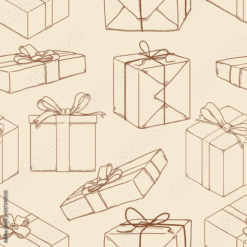 Vector Seamless Pattern of Sketch Gift Boxes