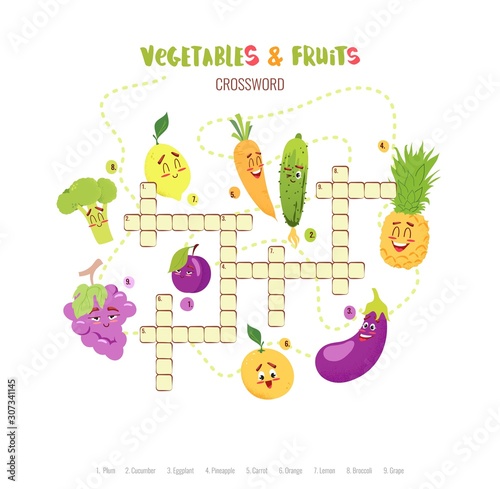 Cartoon crossword in English with cute vegetables and fruits characters. Education game for children.