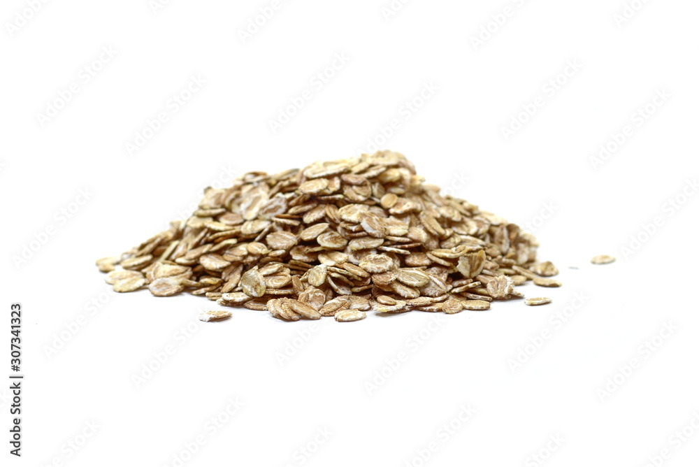 Rye oat flakes isolated on white , macro close up Rye oat flakes isolated on white , macro close up