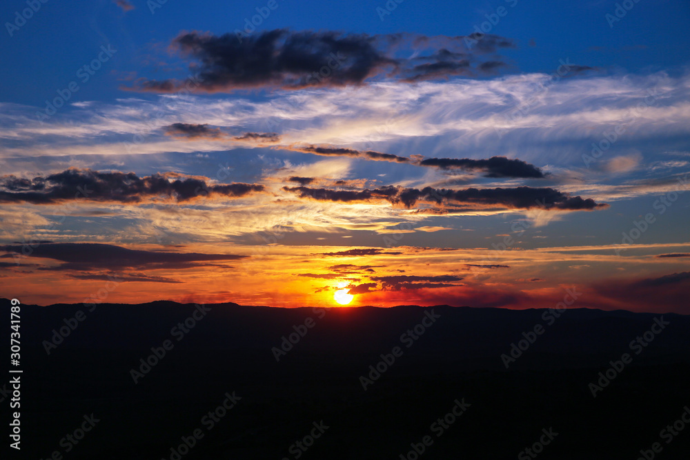 Colourful sunset over the Great Dividing Range near Canberra, Australia.