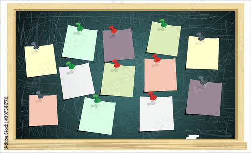 Scrum task board hanging on wall full of tasks on note cards. Development, team work, agenda, to do list. illustration in flat style