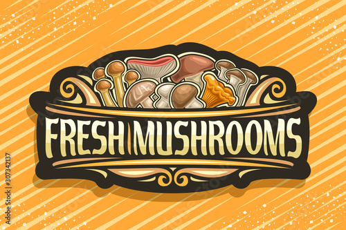 Vector logo for Fresh Mushrooms, black decorative sign board with illustration of heap whole eatable mushrooms and flourishes, signboard with brush type for words fresh mushrooms on yellow background.