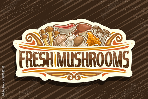 Vector logo for Fresh Mushrooms, decorative cut paper signboard with illustration of pile whole eatable mushrooms and flourishes, signage with brush type for words fresh mushrooms on brown background.