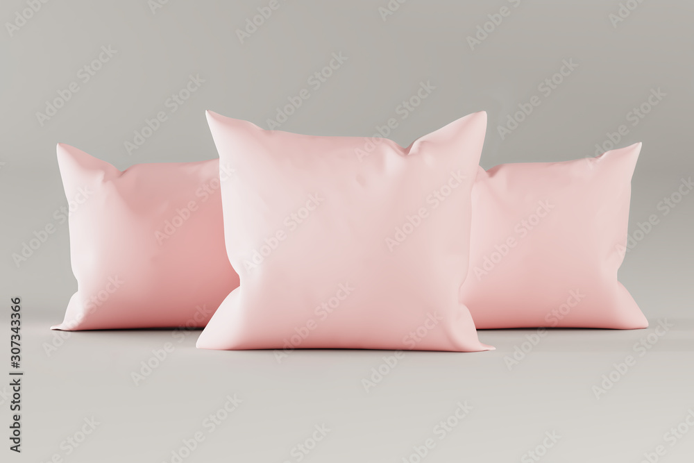 Pink pillows mockup on gray background - 3D illustration Pink pillows mockup on gray background - 3D illustration