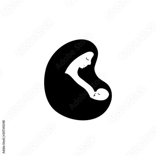 Cute mother breastfeeding her baby. Silhouette, symbol, icon, sign, logo of breastfeeding, motherhood. Woman with a child in her arms. Flat minimal design isolated on a white background