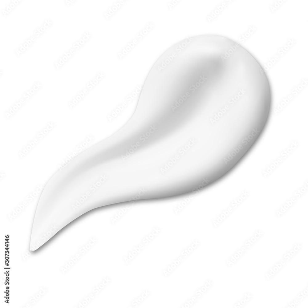 Cosmetic cream texture smear. Creamy drop swatch illustration. Realistic moisturizer gel or sunscreen lotion product swirl. Shave mousse brush stroke. Soft facial milk element splash