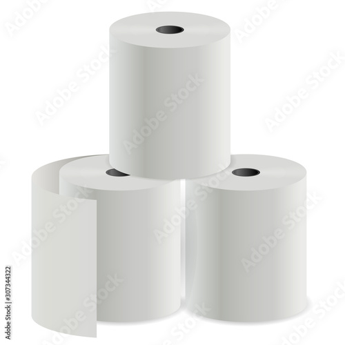 Toilet paper roll. Thermal register print cylinder. Cashier check tube mockup. Kitchen towel for household. White hygienic tissue blank. Supermarket cashier finance cheque. Round tape