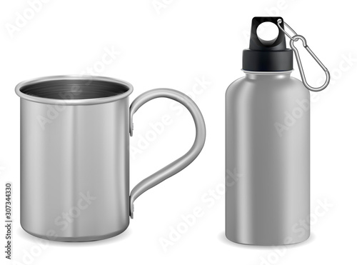 Silver metal mug. Aluminum thermo vacuum flask. 3d water container mockup illustration. Reusable thermic bottle for coffee or cold drink. Stainless steel travel cup. Sport thermal tumbler