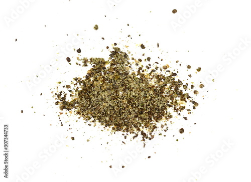 Ground hemp seed isolated on white background. Hemp seeds, a plant based source of omega-3 fatty acids.