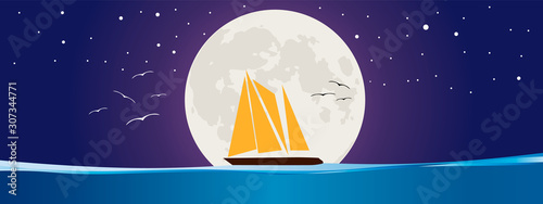 Yacht in the ocean at night with a full moon. Romantic landscape. Starry sky and silhouettes of soaring birds. Horizontal execution.