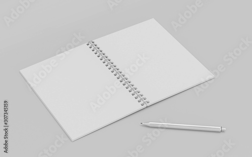 Blank empty memo notepad and a silver pen, isolated on white with natural shadows 3d render illustration photo