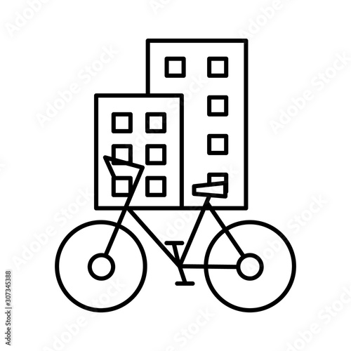 The urban type of bicycle is parked on a city street near non-skydiving buildings. Editable outline stroke linear icon. Thin vector black contour