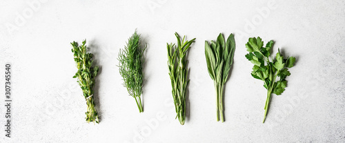 Bunches of fresh raw herbs - rosemary, thyme, dill, parsley and sage on a textured background. Top view. Copy space photo