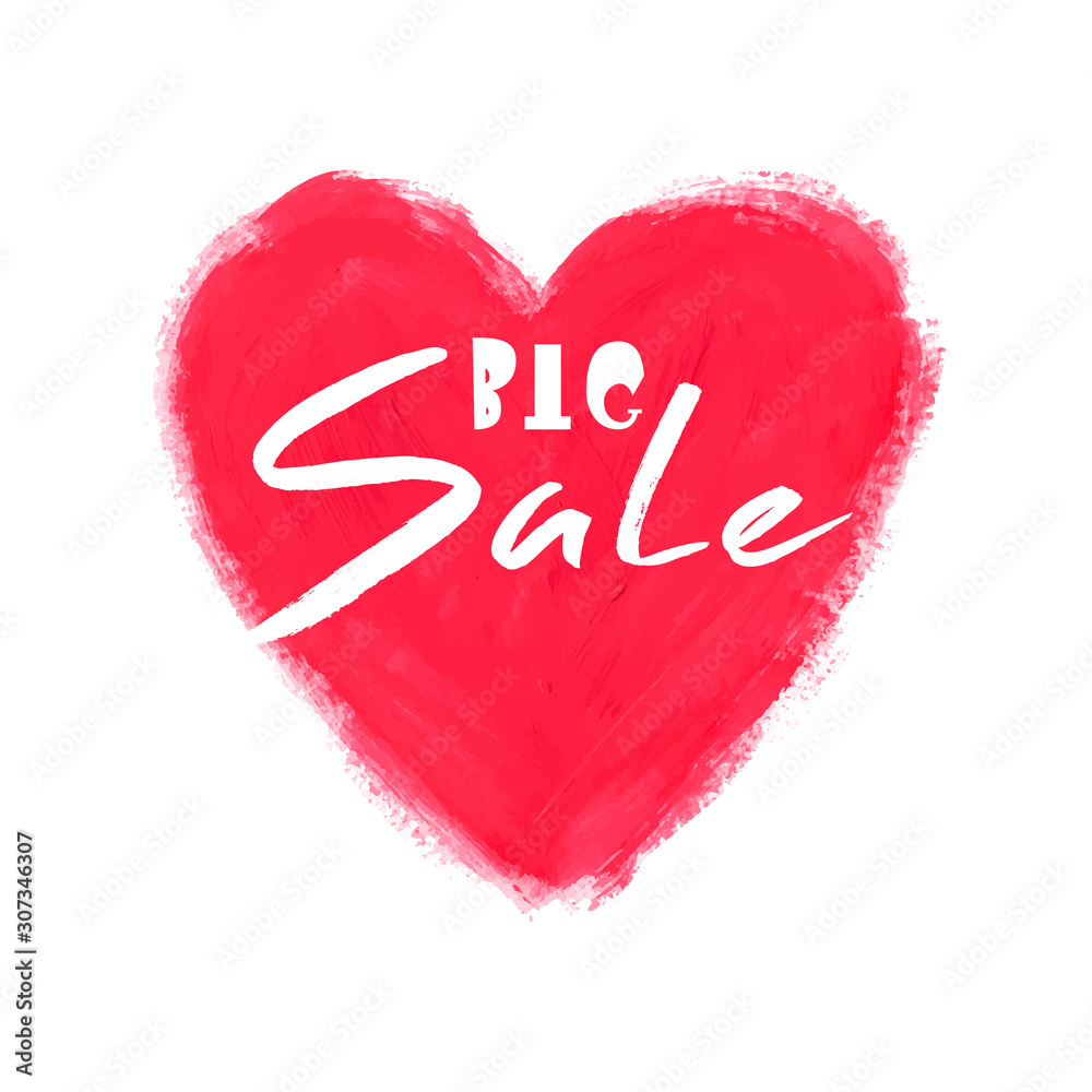 Big grunge pink heart with rough strokes of thick matte acrylic paint with white rectangular and grunge lettering Big Sale. Sale for Valentine's Day. Vector square stock illustration on a white backgr Big grunge pink heart with rough strokes of thick matte acrylic paint with white rectangular and grunge lettering Big Sale. Sale for Valentine's Day. Vector square stock illustration on a white backgr