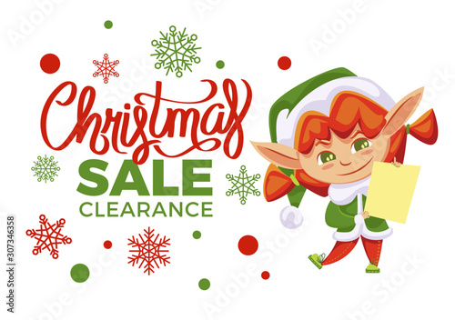 Final christmas sale and winter discount in shops. Little elf girl in green costume holding blank wish list. Santa helper and holiday clearance. Designed promotion with dwarf vector illustration
