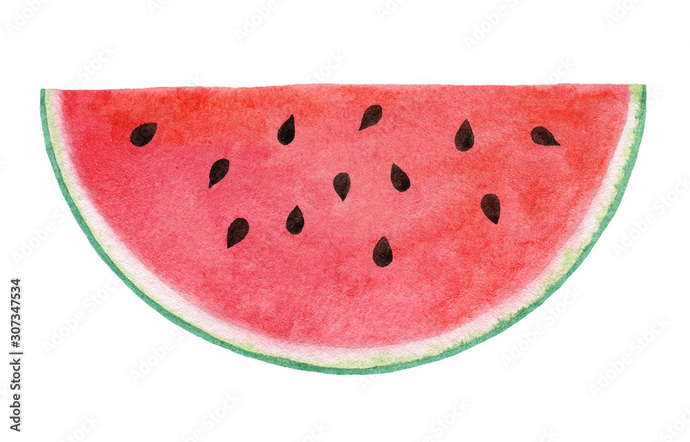 Hand-drawn slice of ripe watermelon with seeds, isolated on a white background. Watercolor illustration. juicy fruit