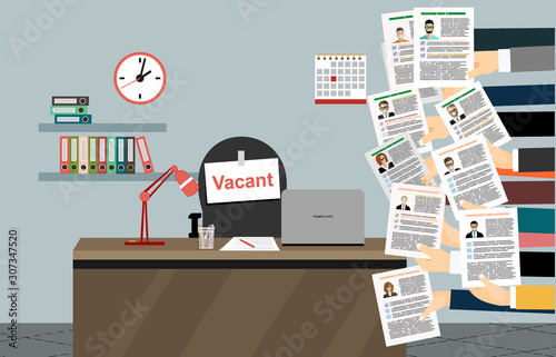 Hands holds resume, CV form isolated on background. Workplace, office chair with vacancy sign, desk, table. Business hiring and recruitment, hr concept. Human resources management. Vector flat design