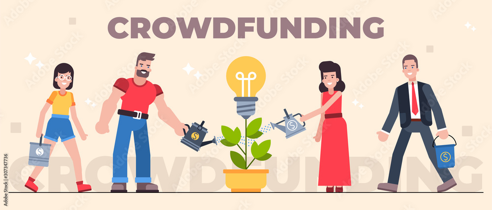 Colourful crowdfunding vector illustrationg, investing in ideas using flat cartoonish characters concept