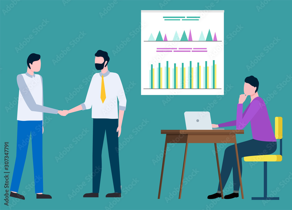Employee working with laptop, men workers shaking hands. Brokers collaboration, graph report on board, teamwork success, professional strategy vector