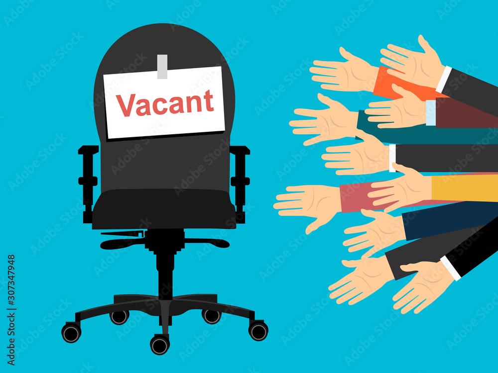 Human hands holds resume, CV form isolated on background. Office chair with vacancy sign. Business hiring and recruitment, job competition concept. Human resources management. Vector flat illustration