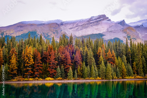 Maligne lake Jasper Alberta Canada during late Autumn in October