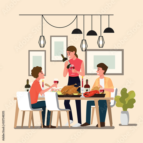 Group People Enjoying dinner with friends Thanksgiving, Christmas, Holidays