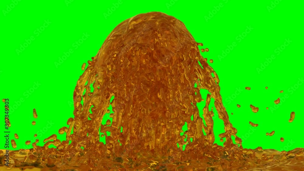 Animated fountain of realistic apple juice erupting and splashing filling container against green background.