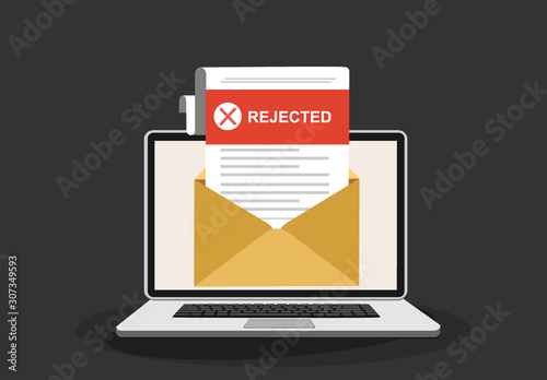 Laptop and envelope with rejected letter. Email with rejected header, subject line.College rejected admission or employment, recruitment concepts. Modern flat design vector illustration