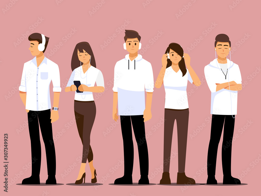 Fototapeta premium Young people are listening to music ,Vector illustration cartoon character.