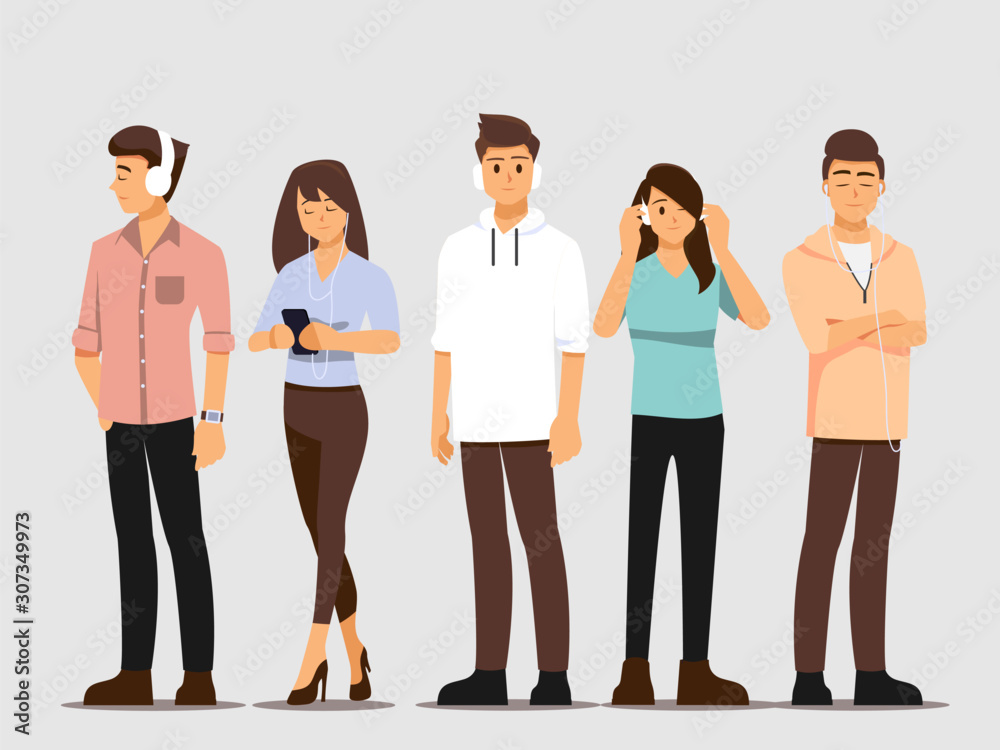 Obraz premium Young people are listening to music ,Vector illustration cartoon character.