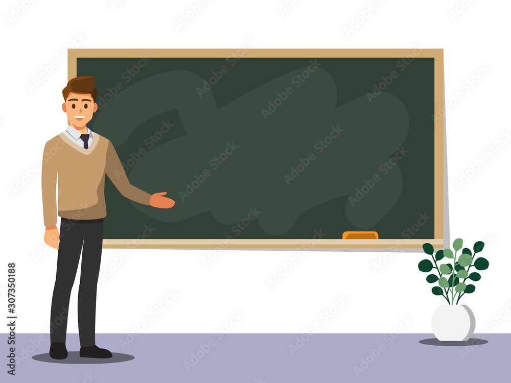 Young male teacher on lesson at blackboard in classroom,Vector illustration cartoon character. Young male teacher on lesson at blackboard in classroom,Vector illustration cartoon character.