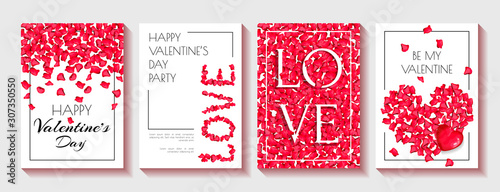 Set of greeting cards for Valentine's Day, February 14. Red rose petals and black text on the white background. Vector illustration for card, invitation, postcard, flyer, banner, cover, poster.
