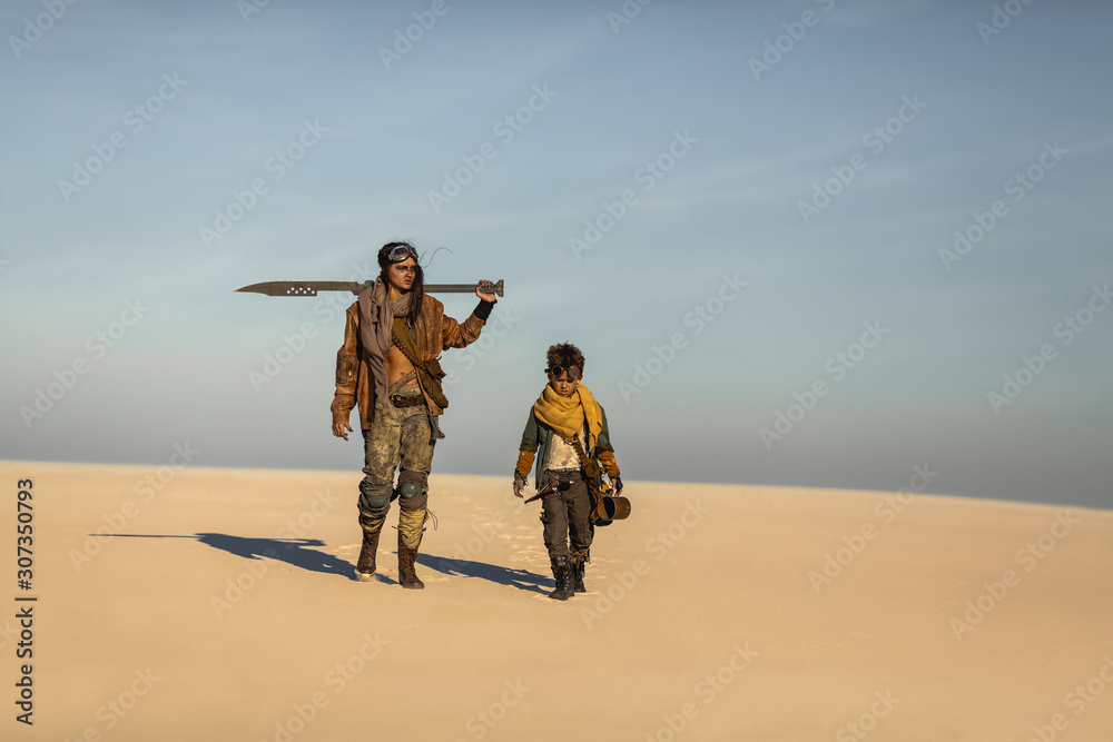 Post Apocalyptic Woman and Boy Outdoors in the Wasteland - obrazy, fototapety, plakaty 