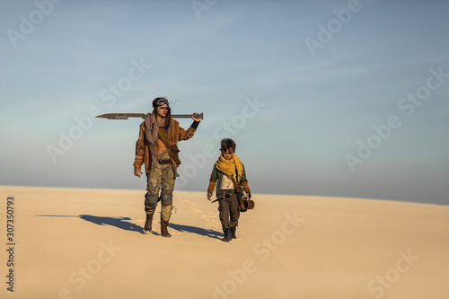 Принти на полотні Post Apocalyptic Woman and Boy Outdoors in the Wasteland