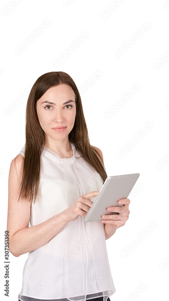 Young girl with tablet. Business woman write on laptop. Adorable caucasian businesswoman Young girl with tablet. Business woman write on laptop. Adorable caucasian businesswoman