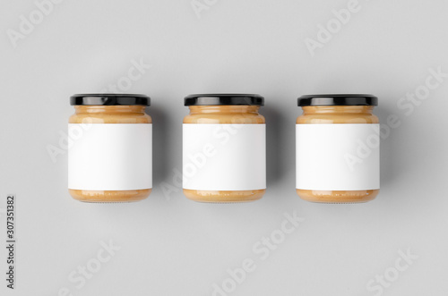 Peanut, almond, nut butter jar mockup with blank label. Three jars.
