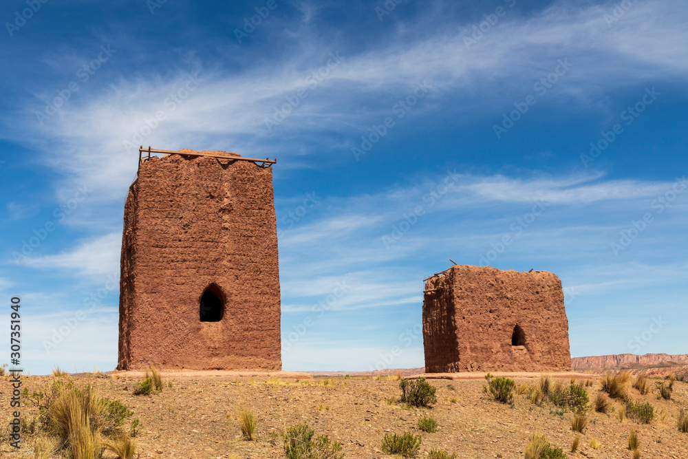 Huanuni, Bolivia. 10-19-2019. Towers used as tomb at Huanuni Cachu in Bolivia.