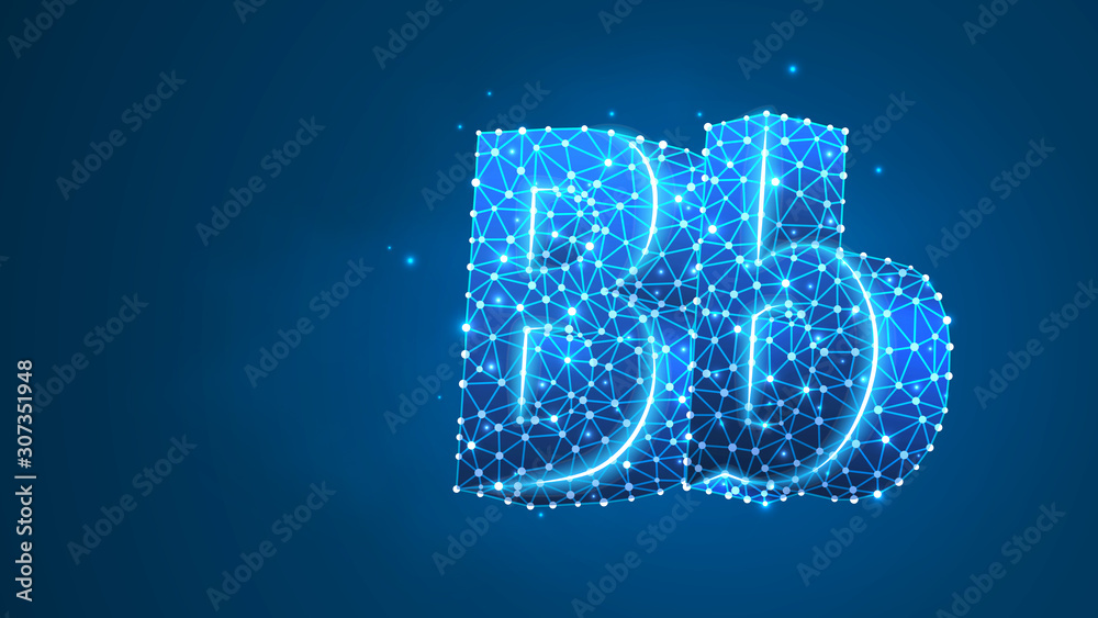 Alphabet letter B. Design of an Uppercase and lowercase letters. Banner, template or a pattern. Abstract digital wireframe, low poly mesh, vector blue neon 3d illustration. Triangle, line dot
