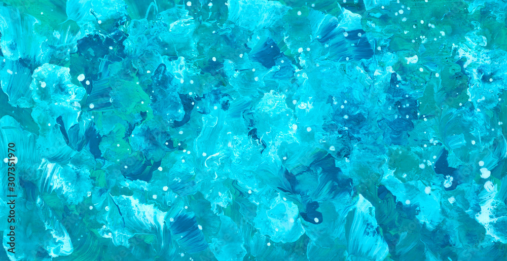 Abstract textural background from acrylic paints. Abstract spots and streaks in the form of a panorama. Turquoise, blue, green colors are mixed together. Textural wallpaper. Abstract textural background from acrylic paints. Abstract spots and streaks in the form of a panorama. Turquoise, blue, green colors are mixed together. Textural wallpaper.