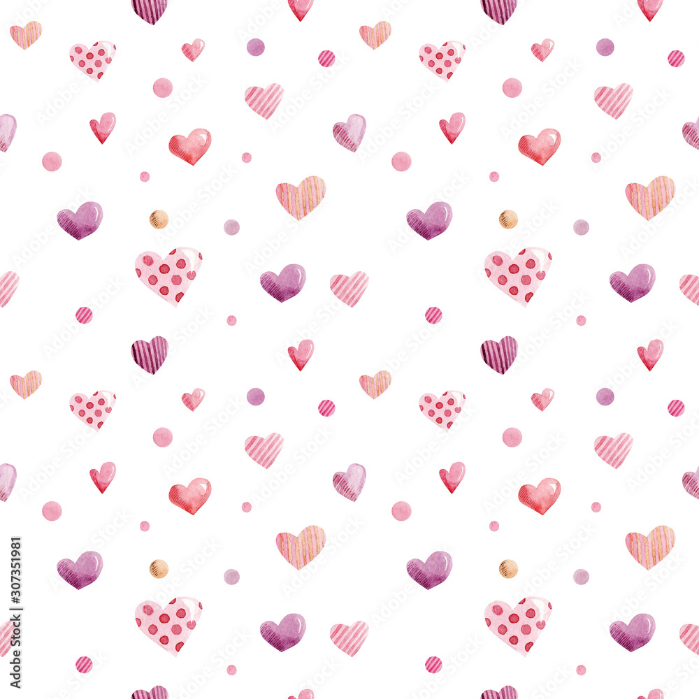 Watercolor seamless pattern fo Valentines Day. Best for fabric, textile, prints, wrapping paper, gift boxes, love gritting cards, background, wallpaper