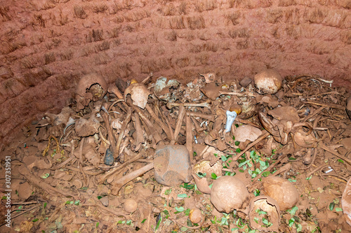 Huanuni, Bolivia. 10-19-2019. Human  bones in a traditional  tomb at Huanuni Cachu in Bolivia. photo