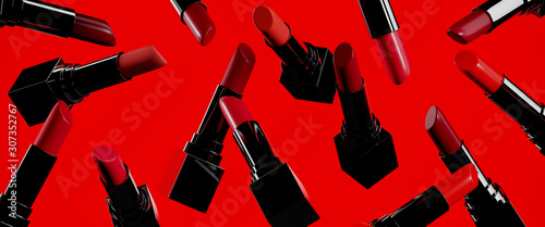 Beauty concept background. Closeup red color lipsticks on red background. 3d rendering illustration.