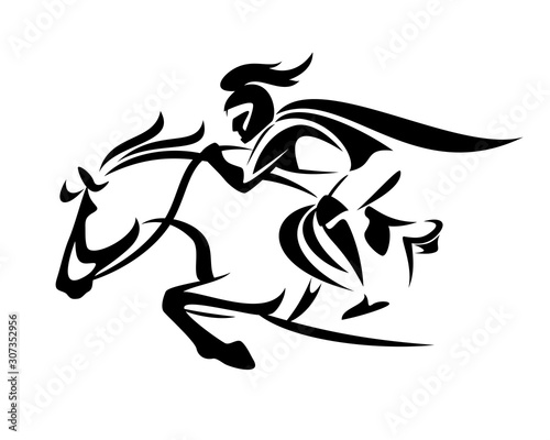 medieval fantasy knight riding horse - speeding forward fairy tale hero warrior black and white vector outline